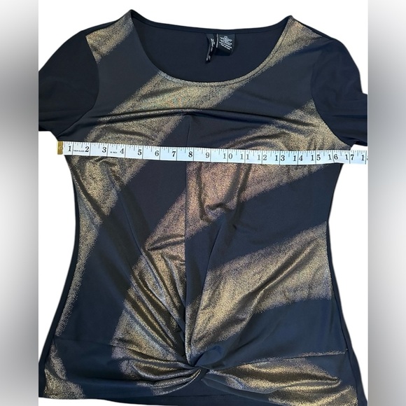 New Directions Black Gold Metallic Shimmer Quarter Sleeve Top Size Petite Small - Picture 3 of 7